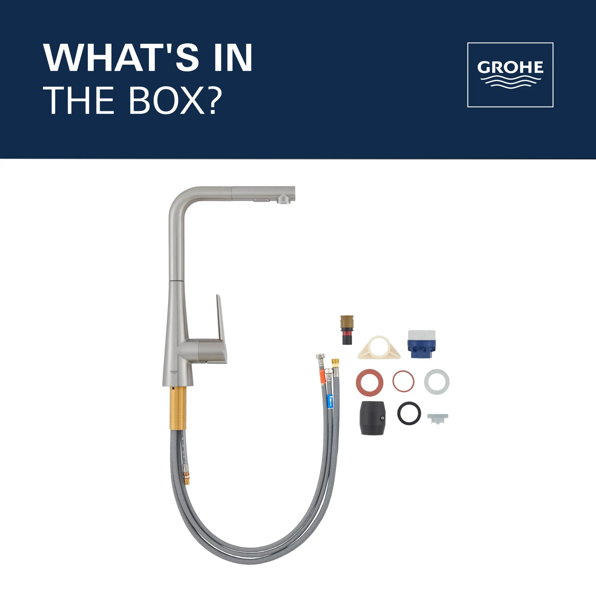 Robinet de cusine rétractable à poignée simple et double jet 6,6 L/min (1,75 gpm) // CHROME STARLIGHT GROHE // 69266_2021_GROHE_Zedra_WhatsintheBox_33893_2_Infographics_CDNwebp.webp