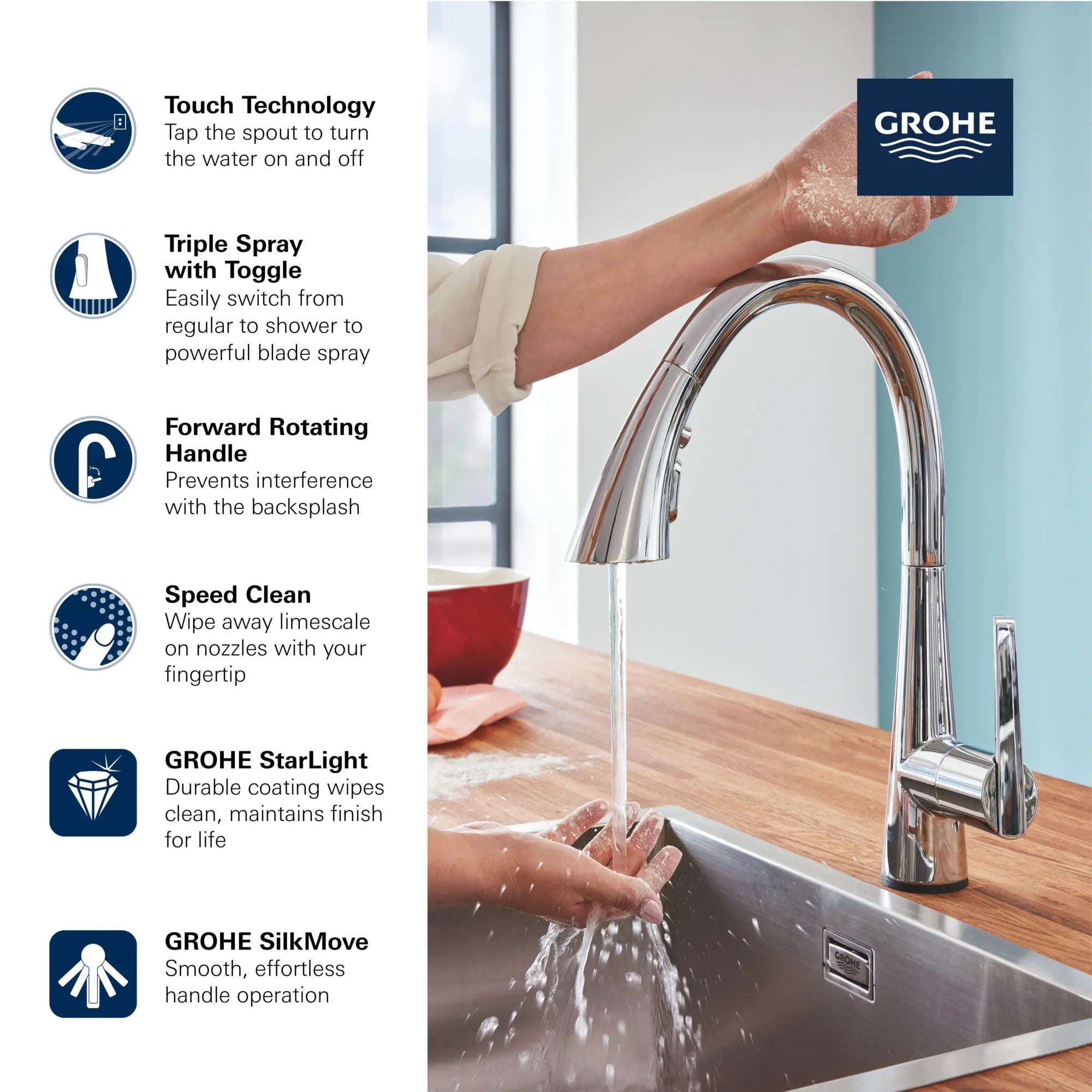 Robinet de cuisine à poignée simple, tête de pulvérisation coulissant à 3 jets, 6,6 L/min (1,75 gpm) avec technologie tactile // CHROME STARLIGHT GROHE // 69268_GROHE_Zedra_30205_2_Infographics_1_CDNwebp.webp