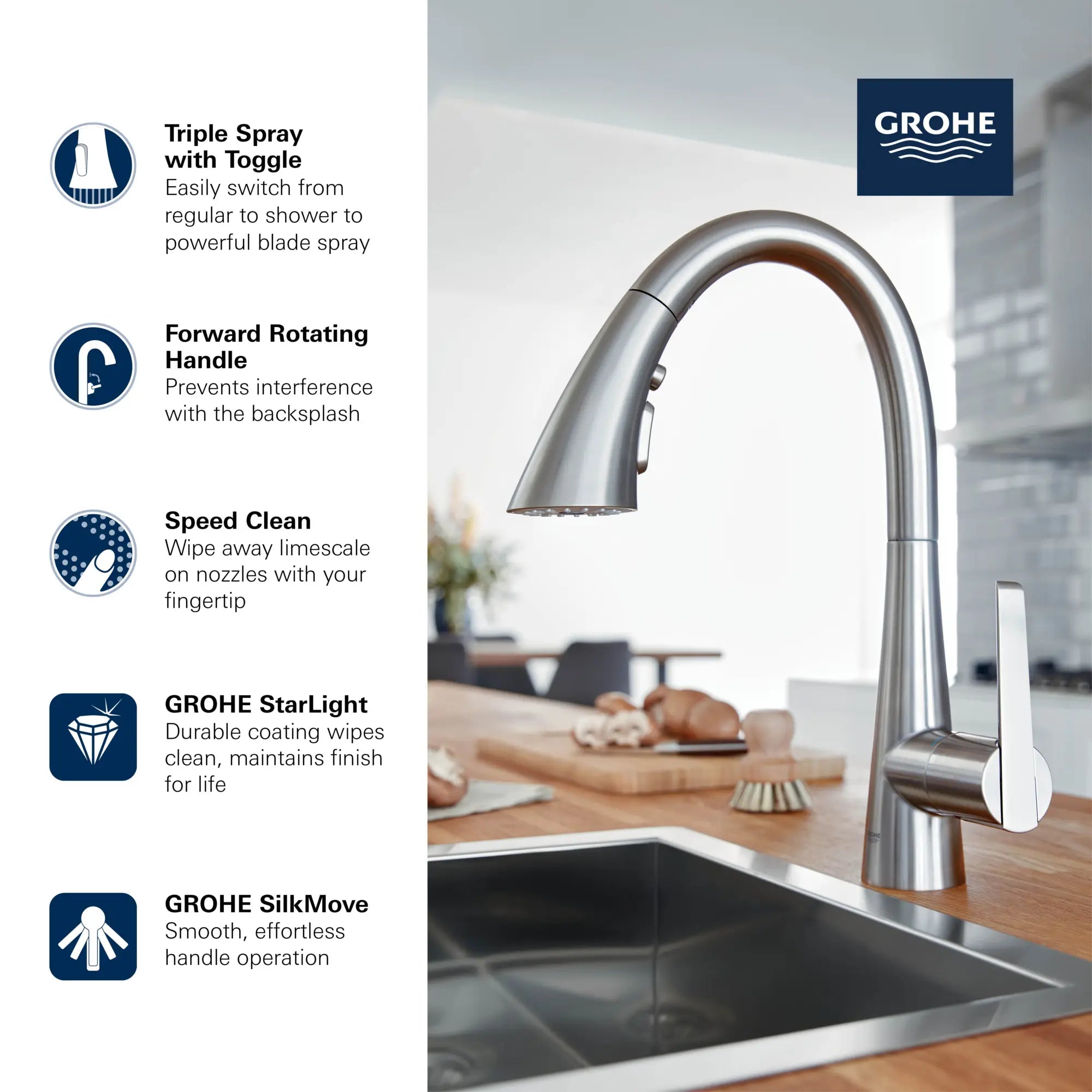 Robinet de bar rétractable à poignée simple et triple jet 6,6 L/min (1,75 gpm) // CHROME STARLIGHT GROHE // 69272_GROHE_Zedra_30368_2_Infographics_1_CDNwebp.webp