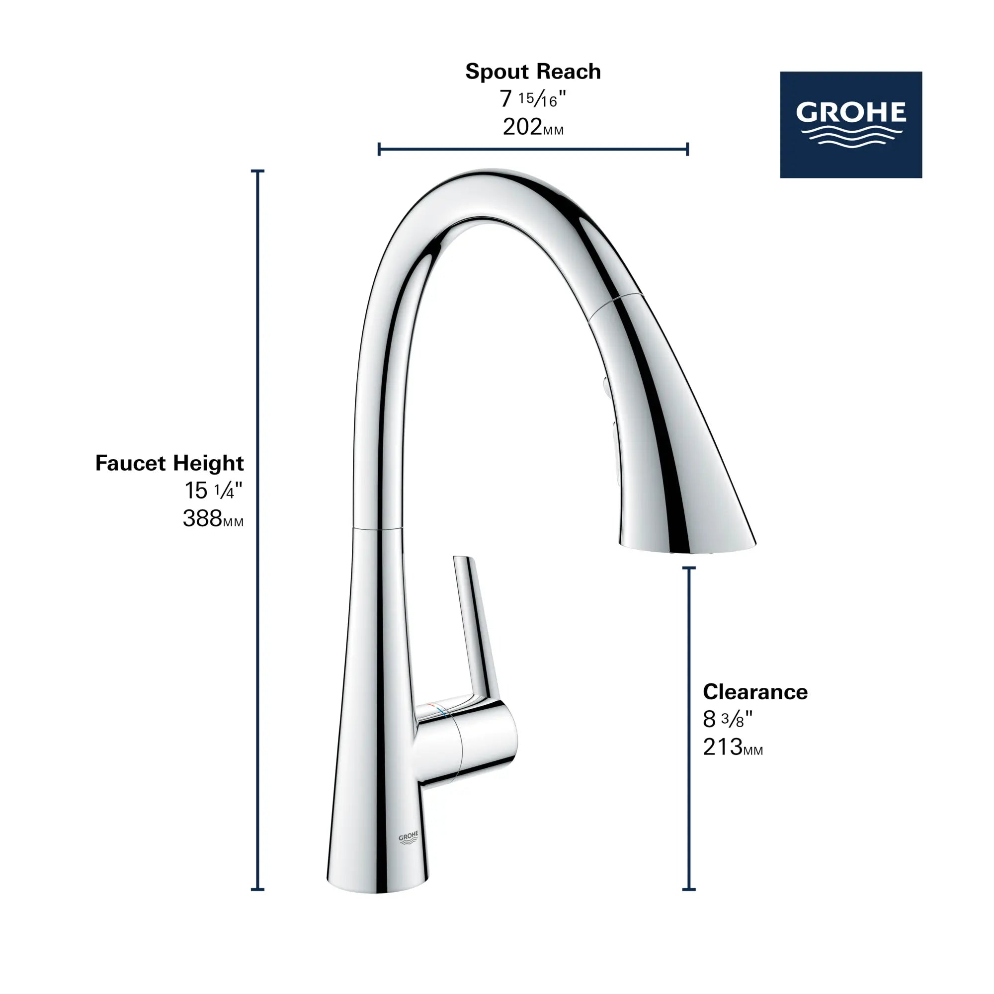 Robinet de bar rétractable à poignée simple et triple jet 6,6 L/min (1,75 gpm) // CHROME STARLIGHT GROHE // 69276_GROHE_Zedra_30368_2_Infographics_2_0_CDNwebp.webp