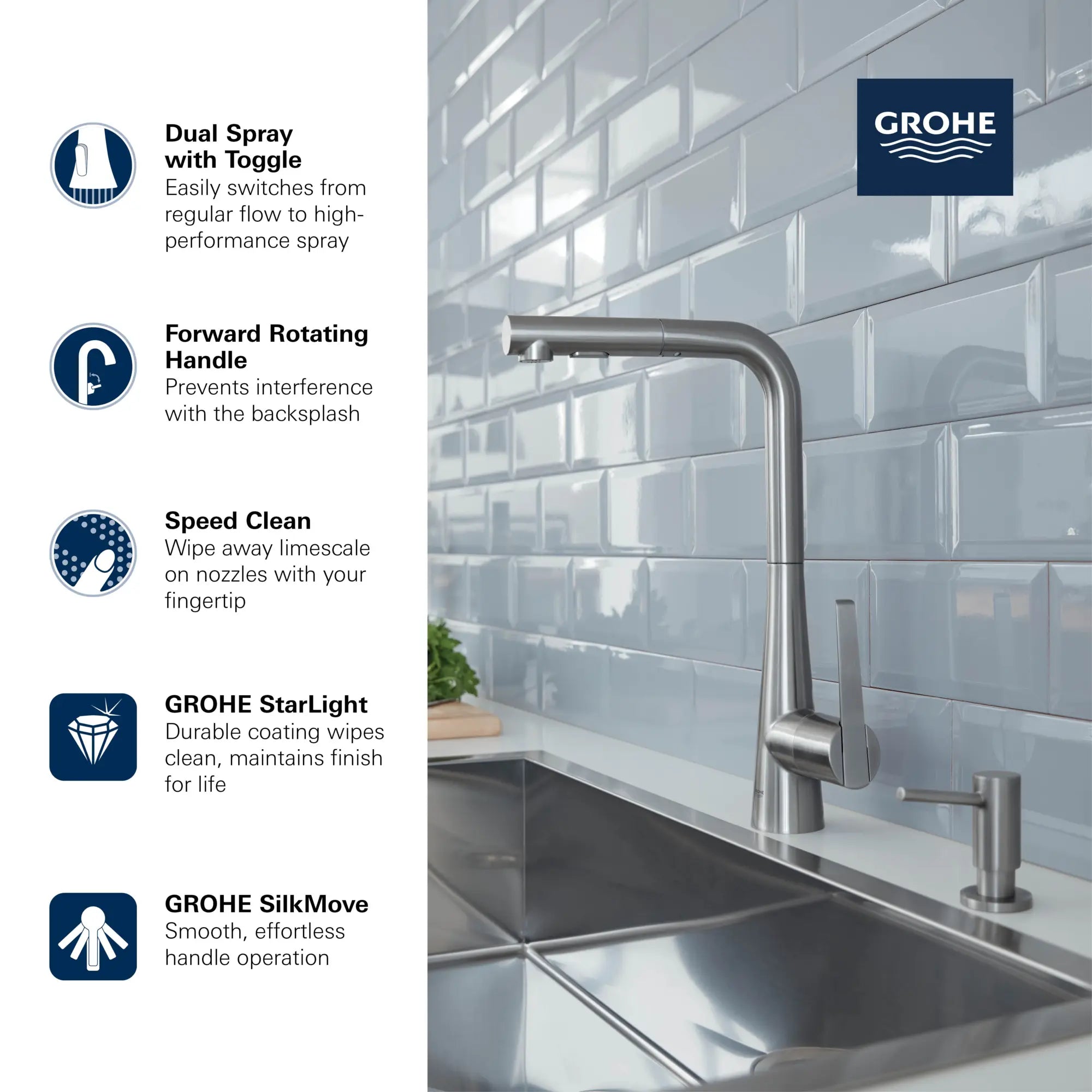 Robinet de cusine rétractable à poignée simple et double jet 6,6 L/min (1,75 gpm) // CHROME STARLIGHT GROHE // 69285_GROHE_Zedra_33893_2_Infographics_1_CDNwebp.webp