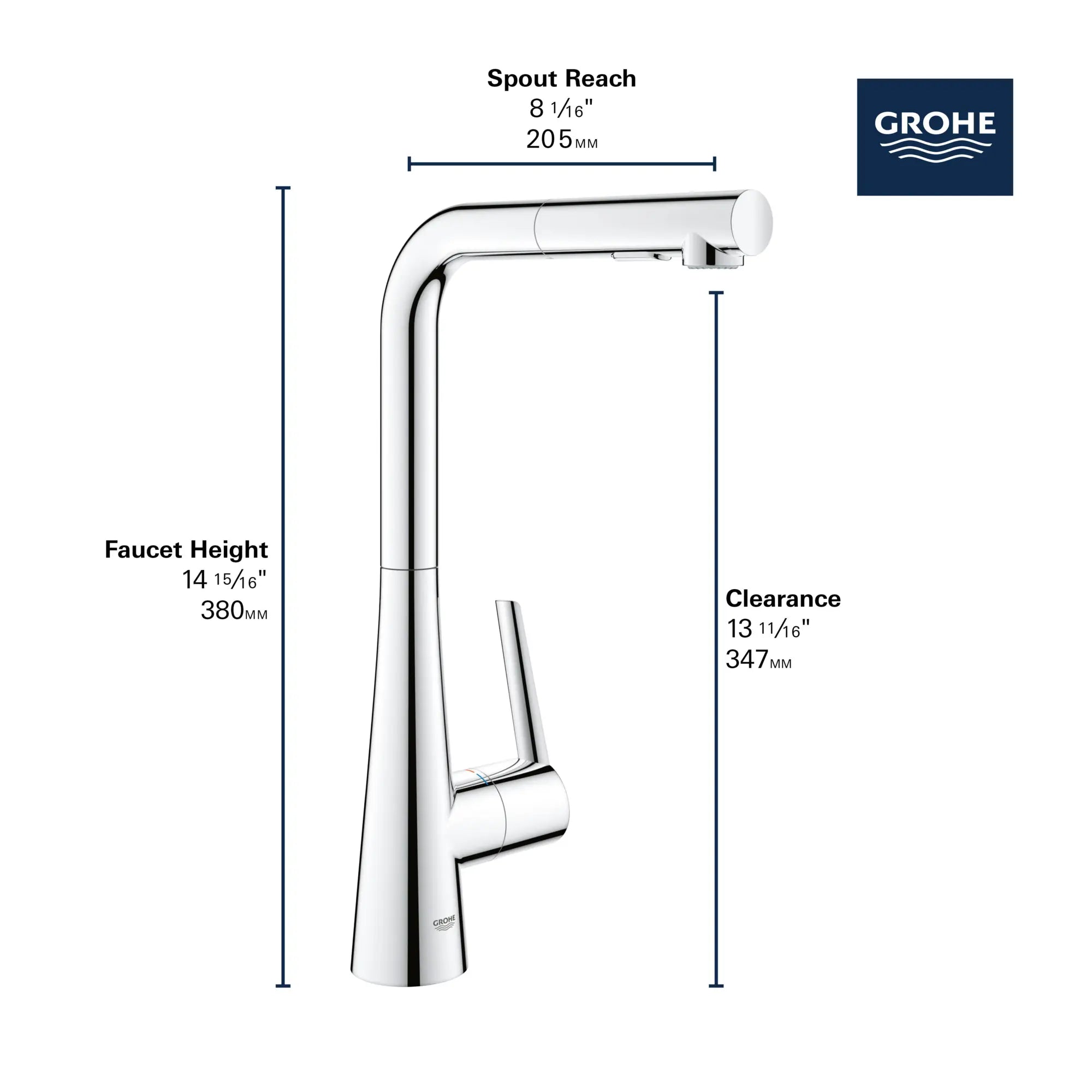 Robinet de cusine rétractable à poignée simple et double jet 6,6 L/min (1,75 gpm) // CHROME STARLIGHT GROHE // 69290_GROHE_Zedra_33893_2_Infographics_2_0_CDNwebp.webp